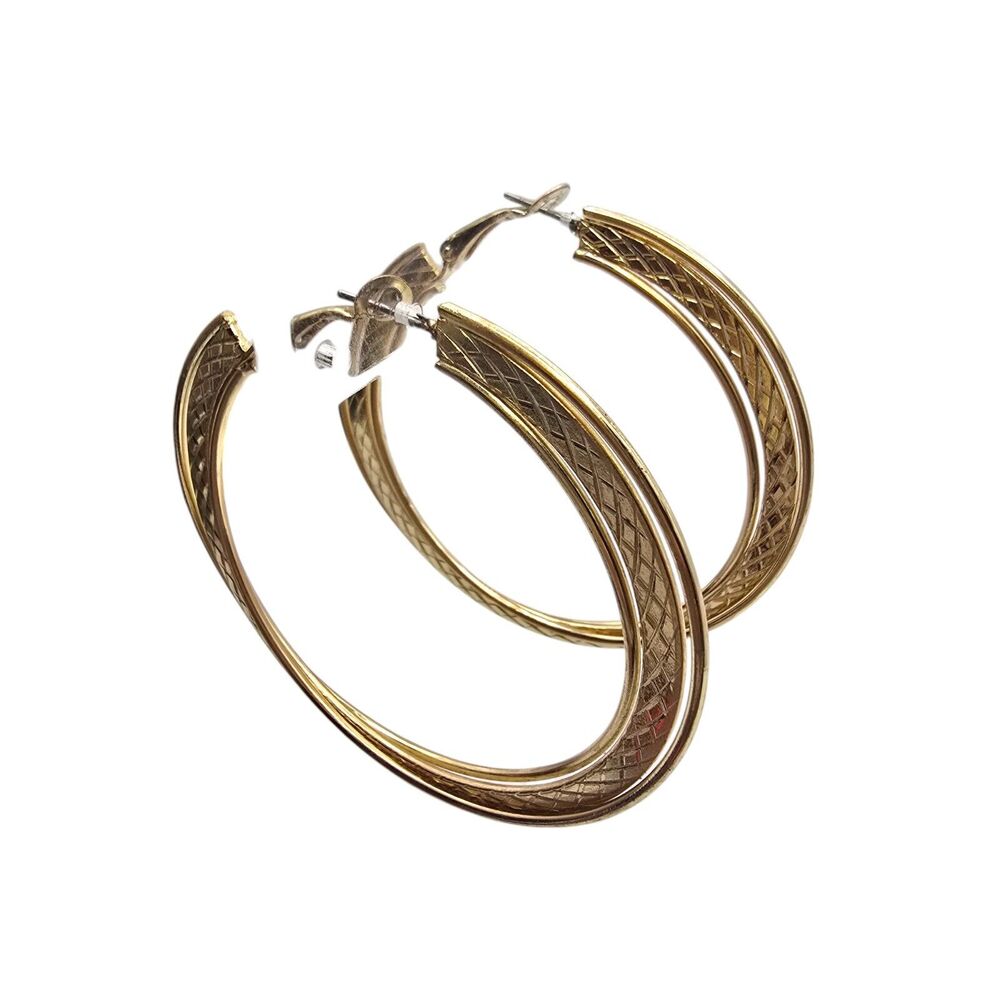 Pierced Earrings Statement Hoop Intricate Textured Gold Tone Hinged Closure
